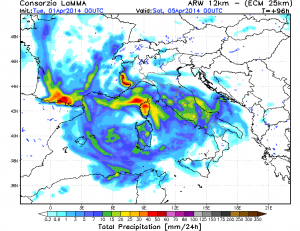 Precipitazioni secondo il modello inglese con piogge più diffuse su tutta Italia.