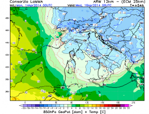 Temperatura a 850 hpa per mercoledì mattina secondo ECMWF.  (by Lamma Toscana)