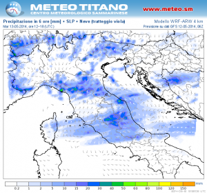 Precipitazioni nel pomeriggio di domani secondo meteotitano. notare Umbria e Alta Toscana più direttamente interessate.