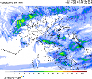 Precipitazioni per l'intera giornata di domani secondo Meteonetwork. Ancora una volta Umbria e Alta Toscana nel mirino del maltempo più intenso.