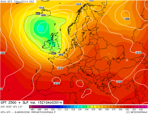 GFS ci mostra il ciclone post tropicale Bertha che fa innalzare l'Alta pressione verso il Mediterraneo