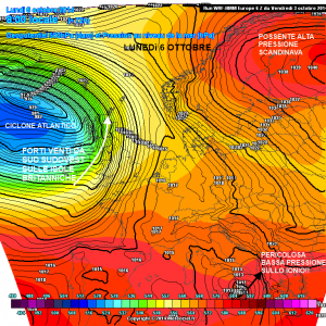 Mappa sinottica prevista per lunedì 6 ottobre. Scontro tra titani! Alta pressione ad est, ciclone ad ovest!