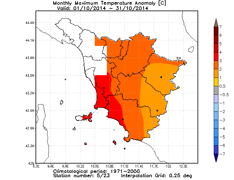 anomalie temperature massime toscana ottobre 2014