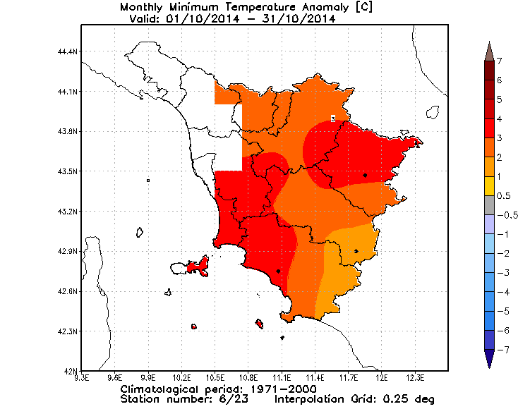 anomalie temperature minime toscana ottobre 2014