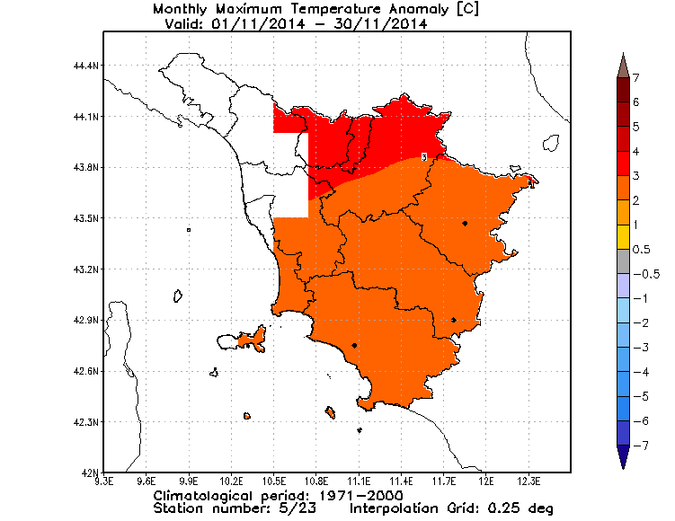 Anomalie temperature massime novembre 2014 Toscana