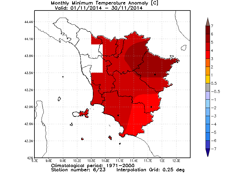 Anomalie temperature minime novembre 2014 Toscana