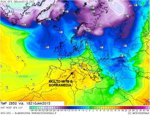 Temperature previste a 1500 metri per Sabato. Si notino i colori intorno all'arancione ( 14°-15° a 1500 metri ) vicino all'Italia