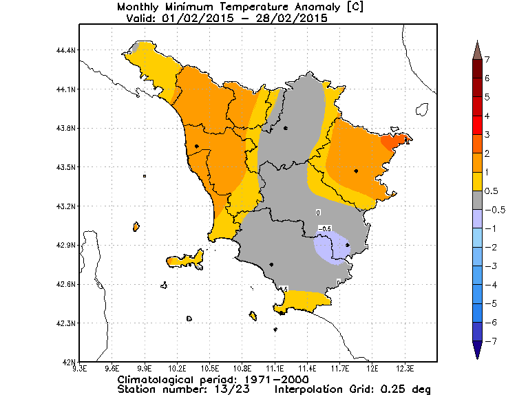 anomalie toscana temperature minime febbraio 2015