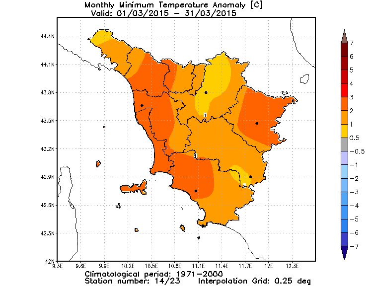anomalie temperature minime toscana marzo 2015