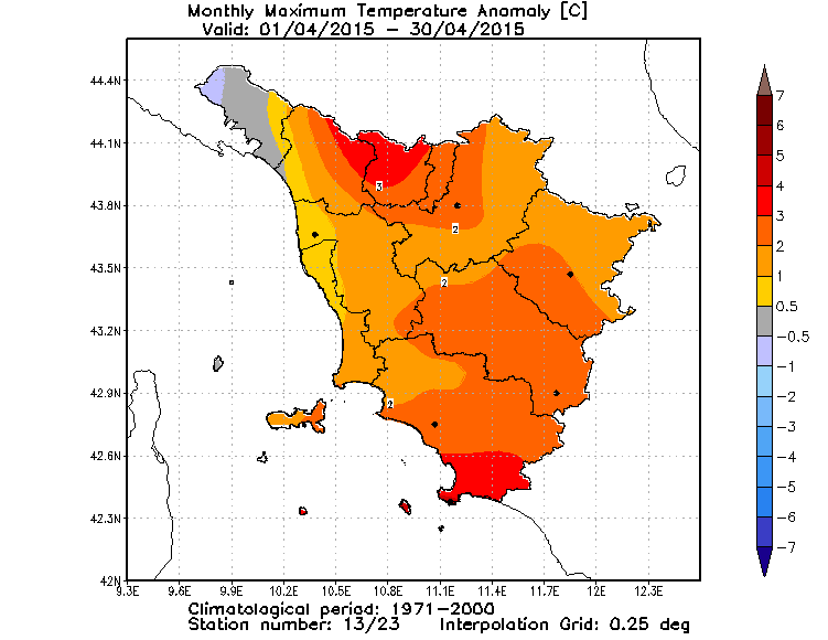 Anomalie termiche Toscana temperature massime aprile 2015