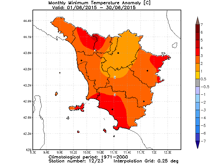 Anomalie temperature minime Toscana giugno 2015