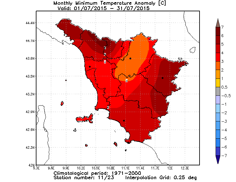 Anomalie temperature minime luglio 2015 Toscana