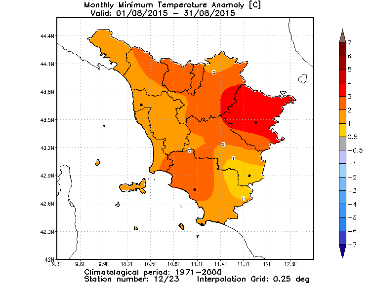 Anomalie temperature minime agosto 2015