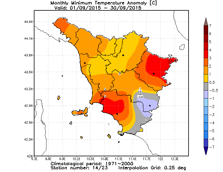 Anomalie temperature minime Toscana settembre 2015